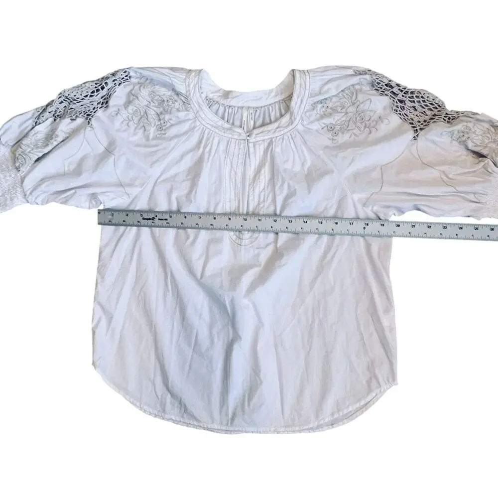 Anthropologie Women’s Sz S Ivory Crochet Blouse Short Puff Sleeve Pullover
